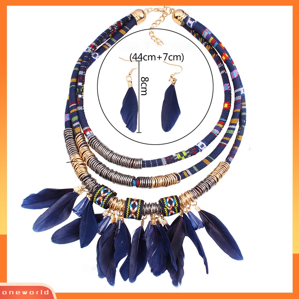 [oneworld] 2pcs/set Bulu Rumbai Kalung Anting Set Multilayer Alloy Bohemian Etnik Perhiasan Set Perhiasan Aksesori