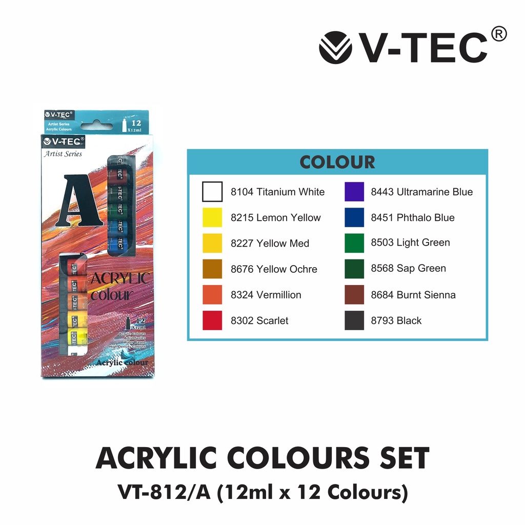 

Acrylic Colour / Cat Air Acrylic Isi 12 Warna - 18 Warna 12Ml Vtec VT-812 & VT8-18 (1 Set)