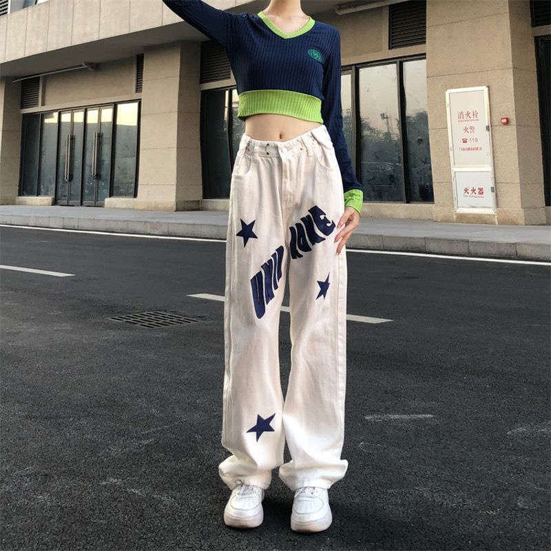 Red Celana jeans wanita gaya Amerika baru trendi all-match pinggang tinggi pelangsing longgar menutupi daging celana kasual kaki lebar lurus