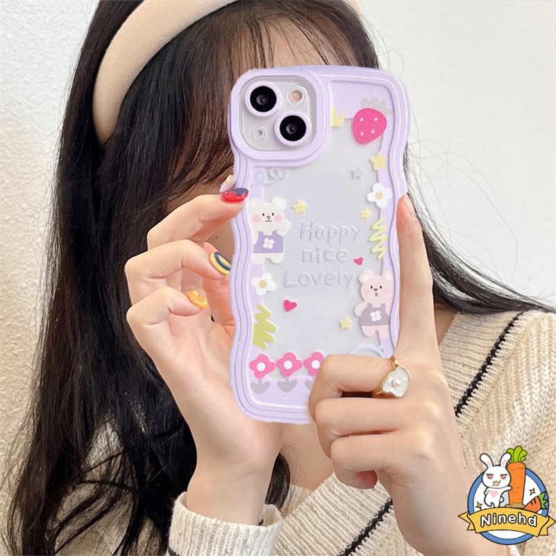 IPHONE Casing Kompatibel Untuk Iphone14 13 12 11 Pro Max X Xr Xs Max SE 8 7 6 6s Plus Fashion Wavy Frame Cream Bears Casing Ponsel Lensa Penuh Melindungi Shock Resistant Soft Case Cover Pelindung