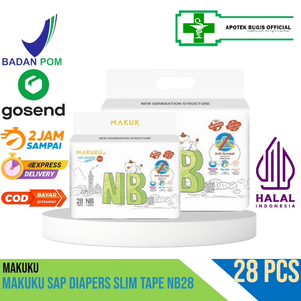 MAKUKU SAP Diapers Slim Tape NB28 / Popok bayi Tipis SAP anti gumpal cepat kering