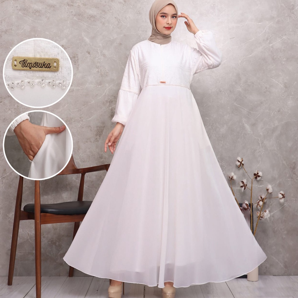 PREMIUM Gamis Putih KKUM OFFICIAL Baju Lebaran Umroh Haji Busana Muslim Hijab Dress Brukat AGNES Wanita Terbaru