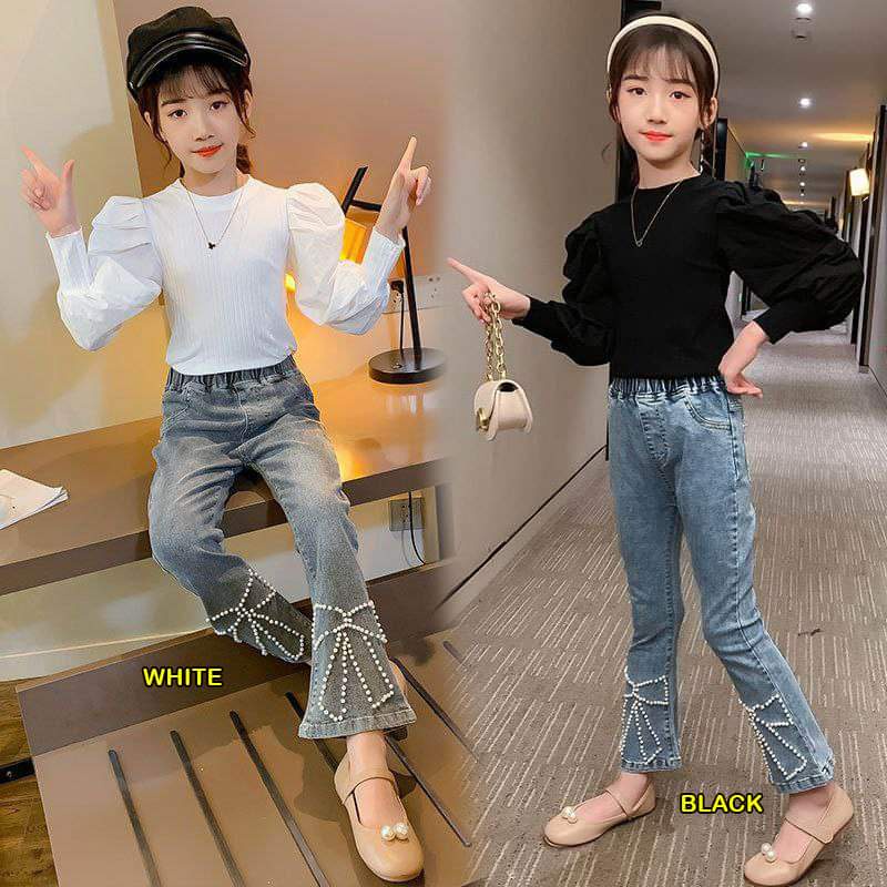 Baju Setelan Celana Jeans Cut Bray Anak ABG Perempuan Ribbon Pearl