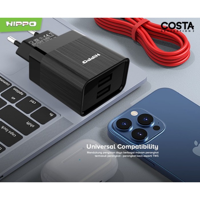 Hippo Adaptor Costa 3 2.4A 2 Port SDC USB Adapter Kepala Casan Colokan Charger Charging Rumah Type C Iphone Micro Travel Dual Port Output USB A USB C