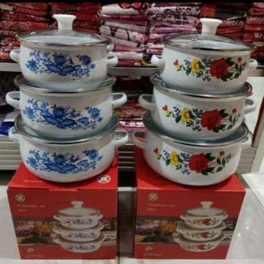 Cookware Set Tutup Kaca - Peralatan Masak Panci Set Motif Bunga Susun 3 - 6 PCS (3 Panci + 3 Tutup Panci) M-244 / BD004