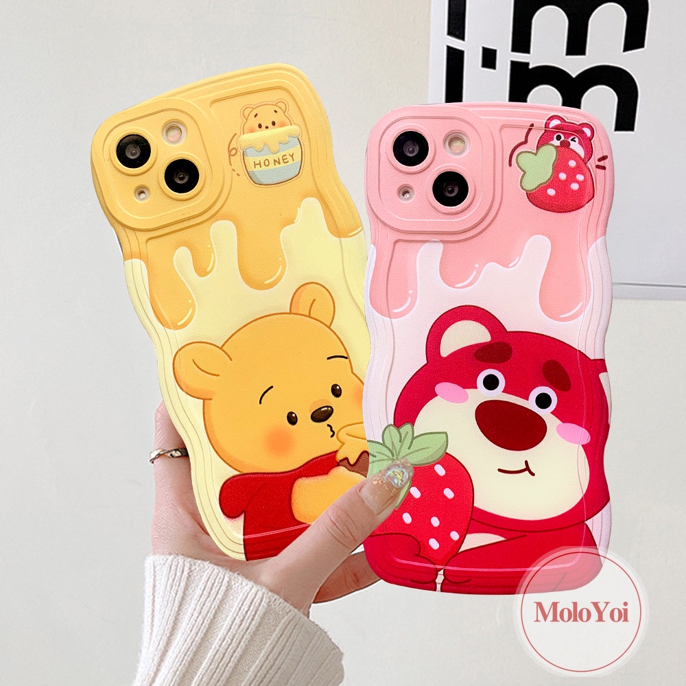 IPHONE Case Beruang Strawberry Kompatibel Untuk Iphone14 11 12 13 Pro Max 6 6S 7 8 Plus XR X XS Max SE 2020 Lucu Losto Kartun Winnie the Pooh Wavy Edge Soft TPU Back Cover