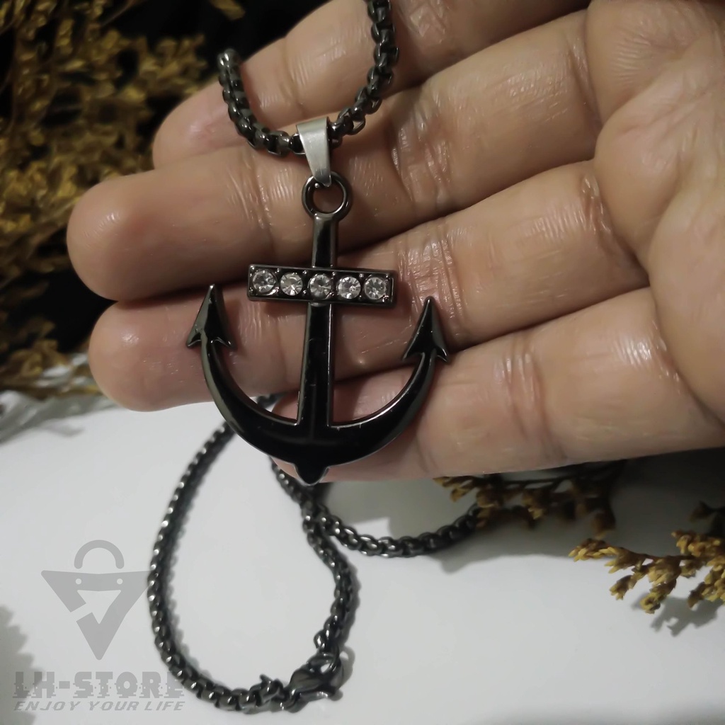 Kalung Titanium Set Liontin Jangkar Silver Permata Terbaru Keren Anti Karat