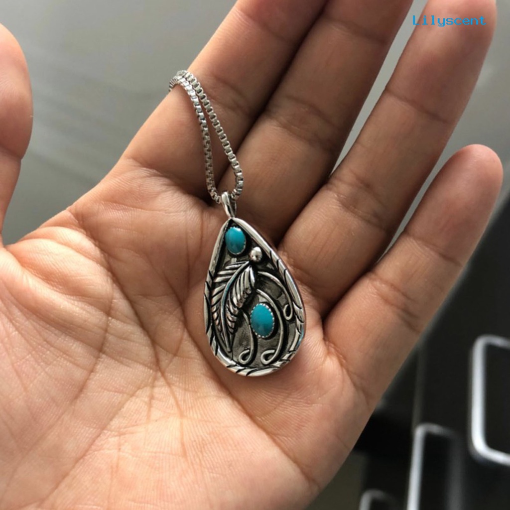 Ls Vintage Unisex Sweater Necklace Alloy Necklace Turquoises Stone Leaf Water Drop Liontin Kalung Untuk Hadiah