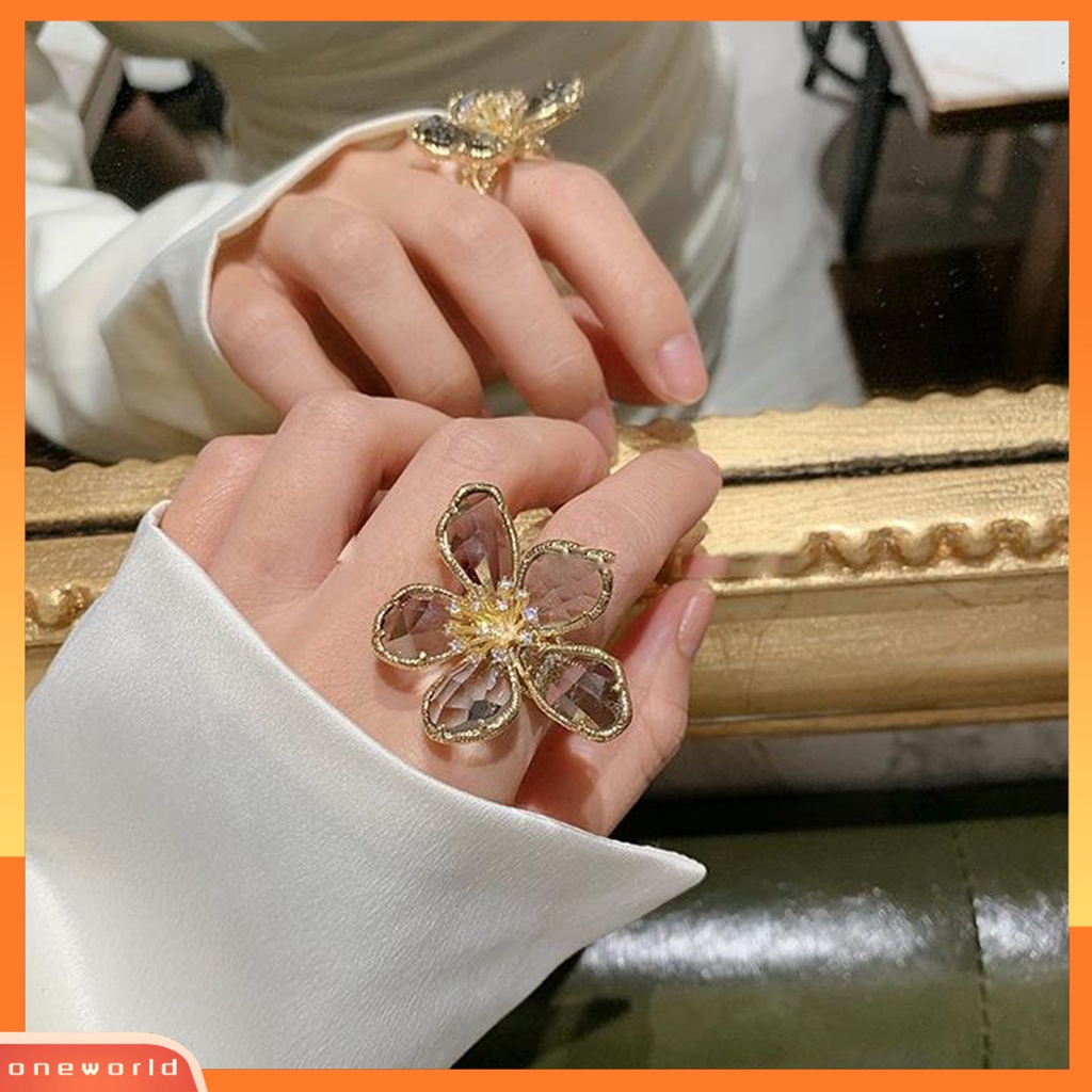[ONWL] Wanita Cincin Bening Berlian Imitasi Pembukaan Dapat Disesuaikan Warna-Warni Kelopak Besar Pesta Trendi Cincin Perhiasan Aksesoris