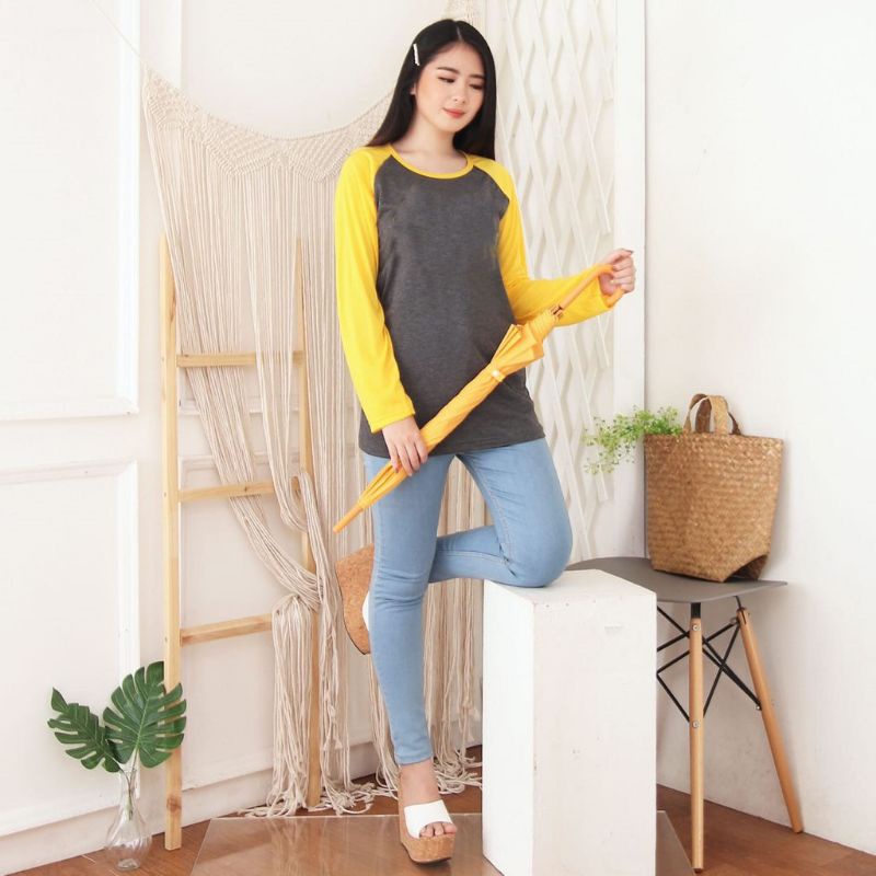 Jumbo-Kaos Raglan Lengan Panjang Polos Abu-kuning