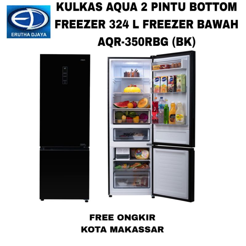 kulkas aqua 2 pintu bottom freezer 324 l freezer bawah aqr350rbg bk