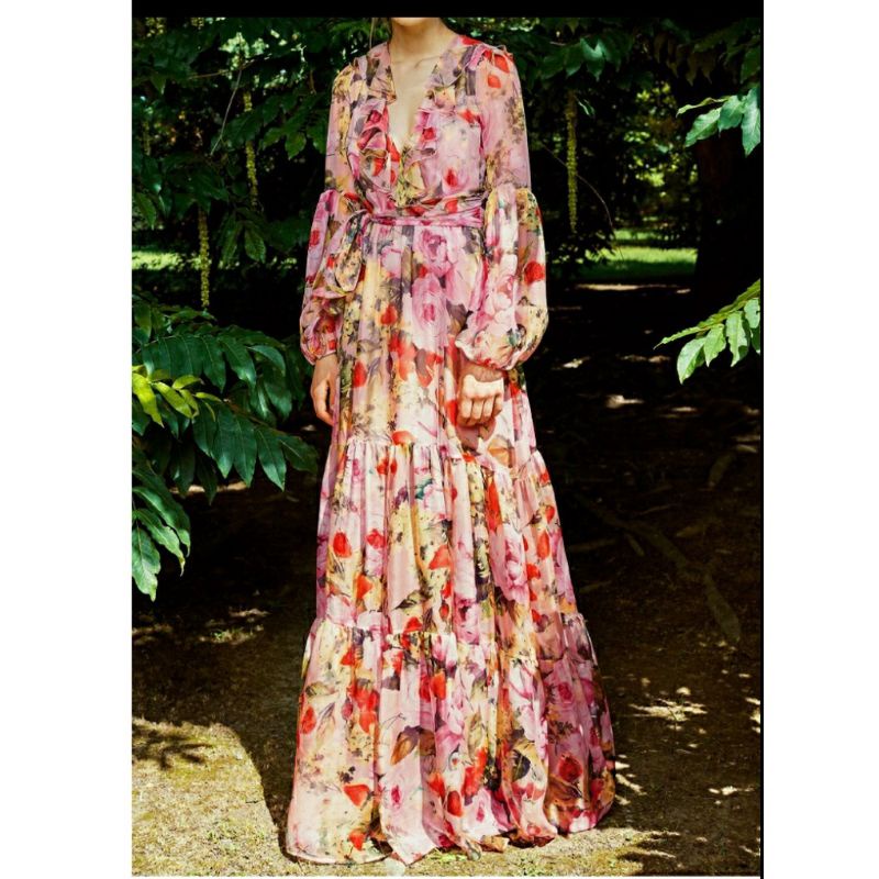 97750 Pakaian baju Maxi dres dress lengan panjang motif bunga cantik manis mewah elegan leher kerah 