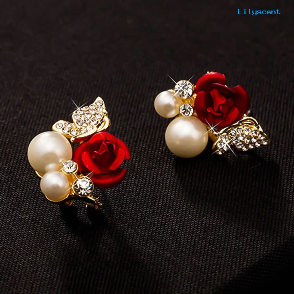 [LS] Anting Merah Bunga Mawar Imitasi Mutiara Dekorasi Indah Paduan Telinga Studs Perhiasan Hadiah Untuk Pesta