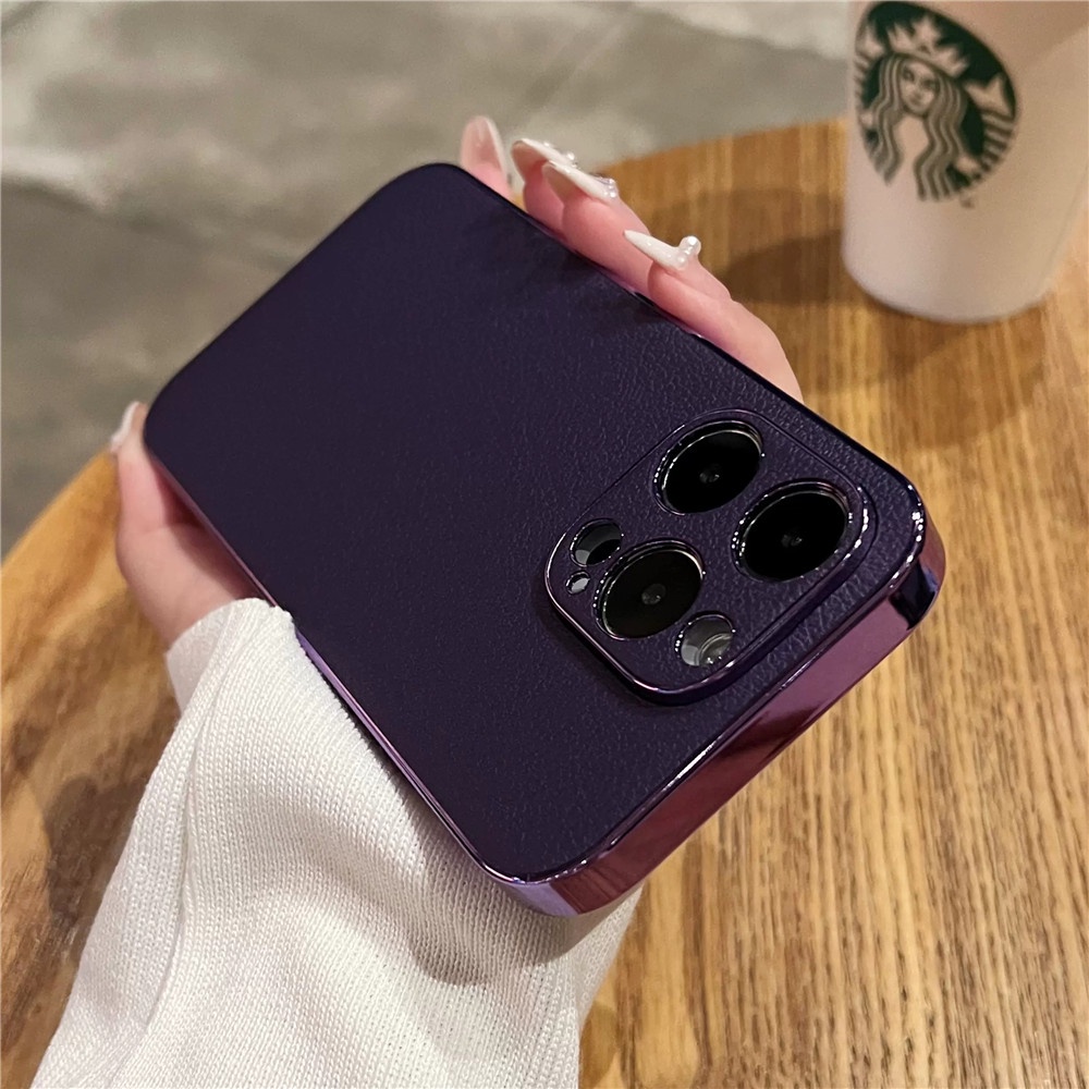 IPHONE Deep Purple Luxury Plating Frame Leather Case Untuk Iphone14 13 12 11 Pro Max14 Plus Ultra Tipis Electroplate Shockproof Casing Bumper Cover