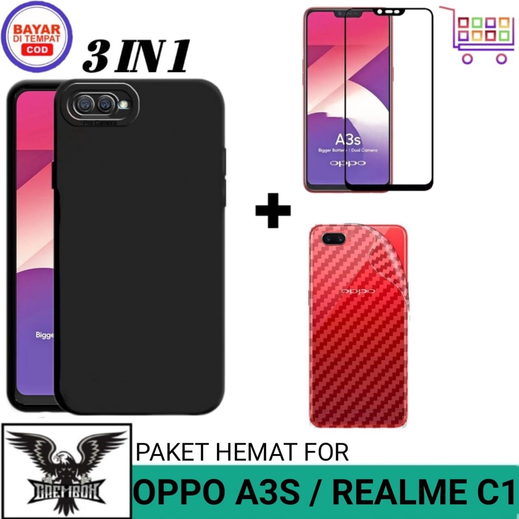 Promo Paket 3in1 Case Oppo A3s / C1 Free TG Anti Gores Layar Dan Garskin Casing Cover