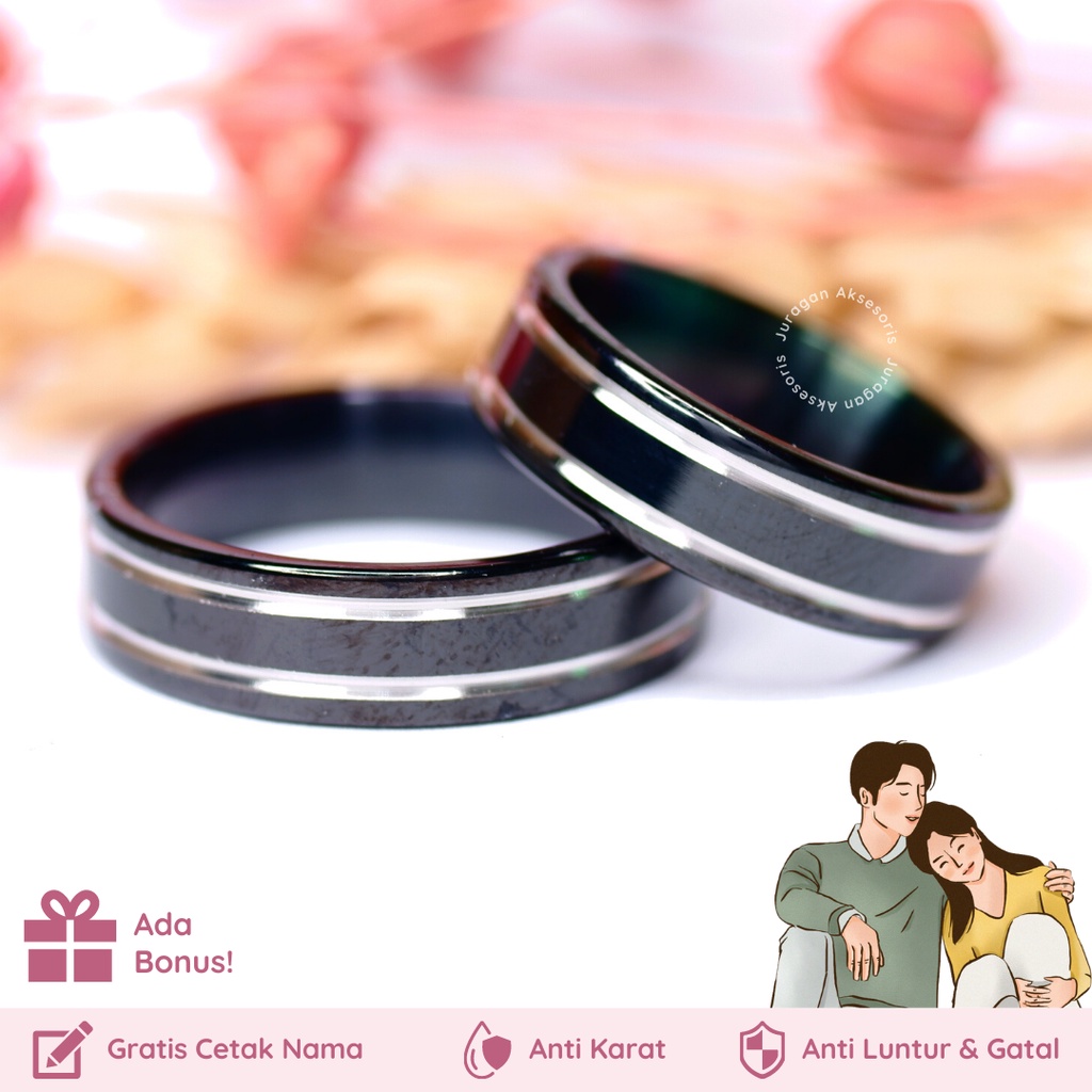 [UKIR NAMA] Cincin Couple Romantis Titanium M65 Black Silver Anti Karat Hadiah Tunangan Nikah BONUS Gelang