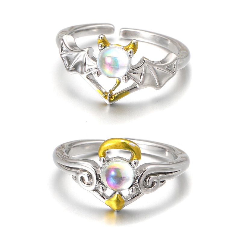 Cincin Pasangan Sayap Malaikat Dan Setan Romantis Untuk Wanita Goth Fashion Moonstone Pembukaan Yang Dapat Disesuaikan Jari Cincin Pria Perhiasan Pesta