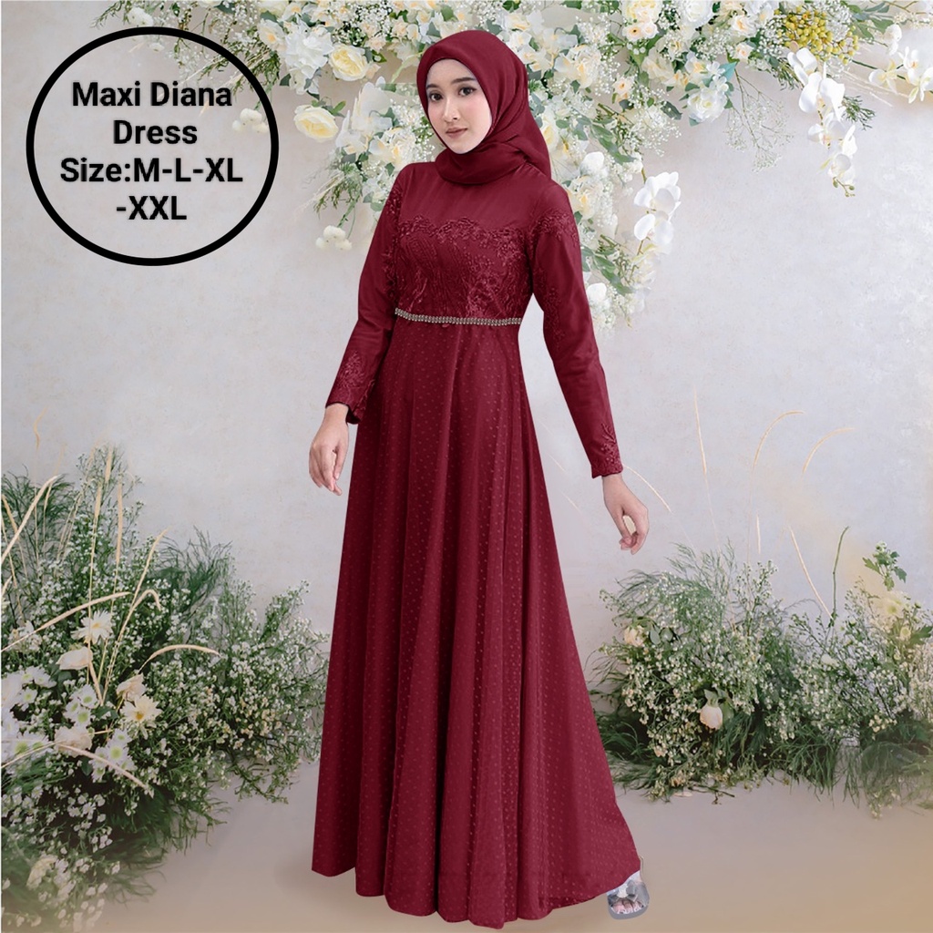 Pakaian Gamis Wanita Busui Model Terbaru Kekinian/Maxi Diana Dress 4 Size M-L-XL-XXL Matt Moscrepe Mix Brokat Mutiara Dan Tille Onde/Dress Kondangan/Dress Elegant