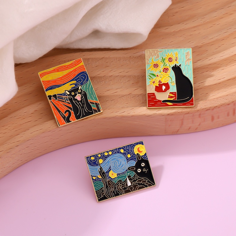 Kucing Dalam Lukisan Minyak Enamel Pin Lucu Kucing Hitam Bunga Matahari Bros Logam Lencana Kerah Pin Kartun Hewan Artistik Perhiasan Hadiah Untuk Anak-Anak Teman