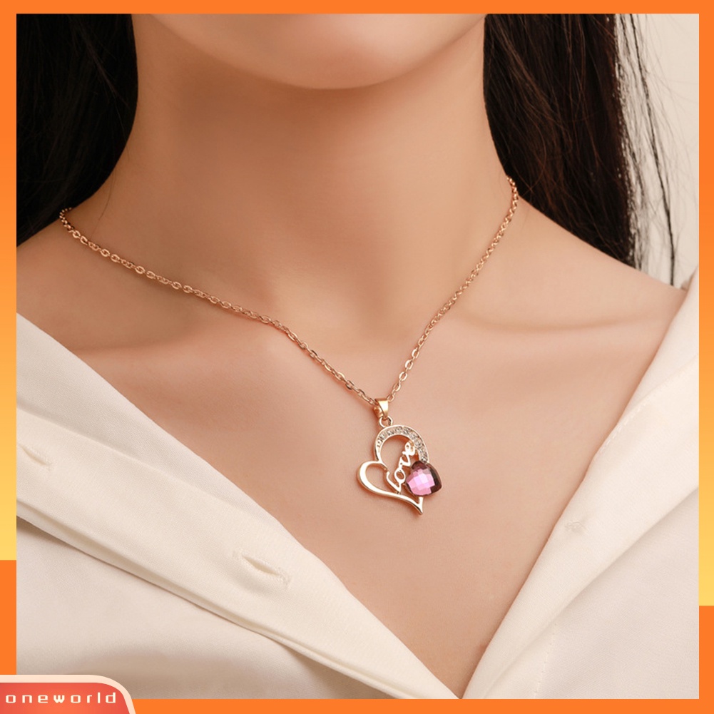 [oneworld] Cinta Hati Liontin Kalung Berlian Imitasi Hias Anting Cincin Wanita Set Perhiasan