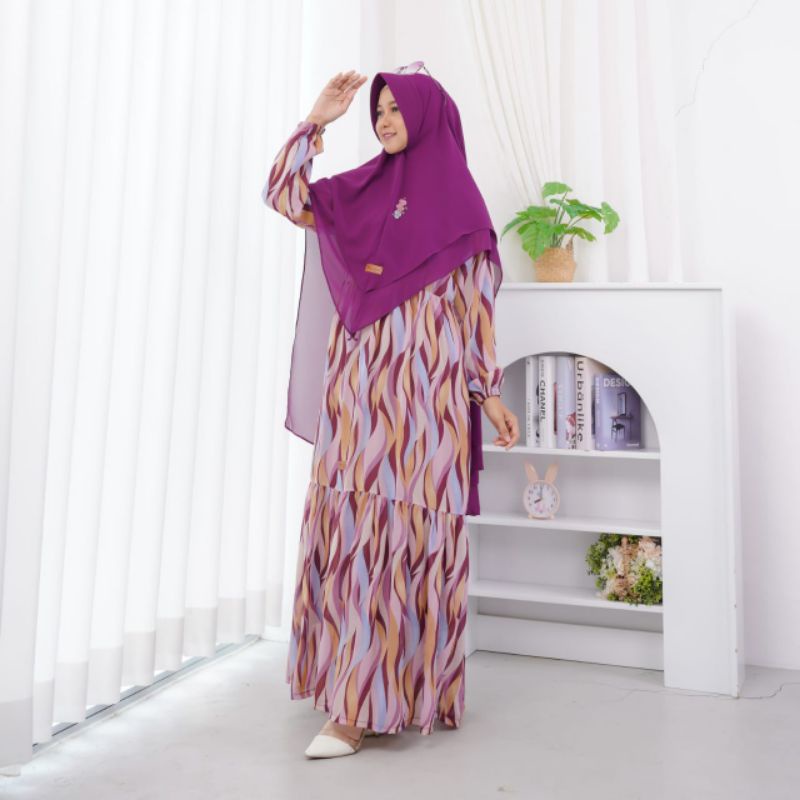 Gamis Syar'i Ceruty Babydoll One Set Khimar (Abstrak)