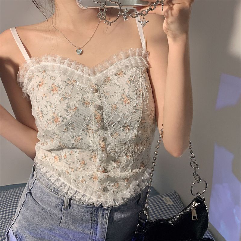 Renda kamisol tank top wanita pakaian luar pakaian dalam trendi desain atasan rasa niche bagian pend