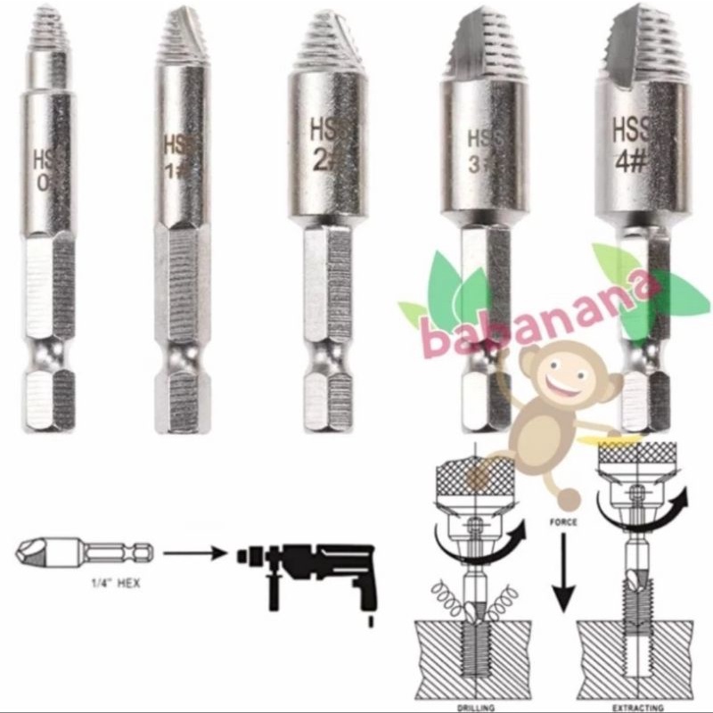 Bolt Extractor 5pcs screw extraction damaged alat pencabut baut set