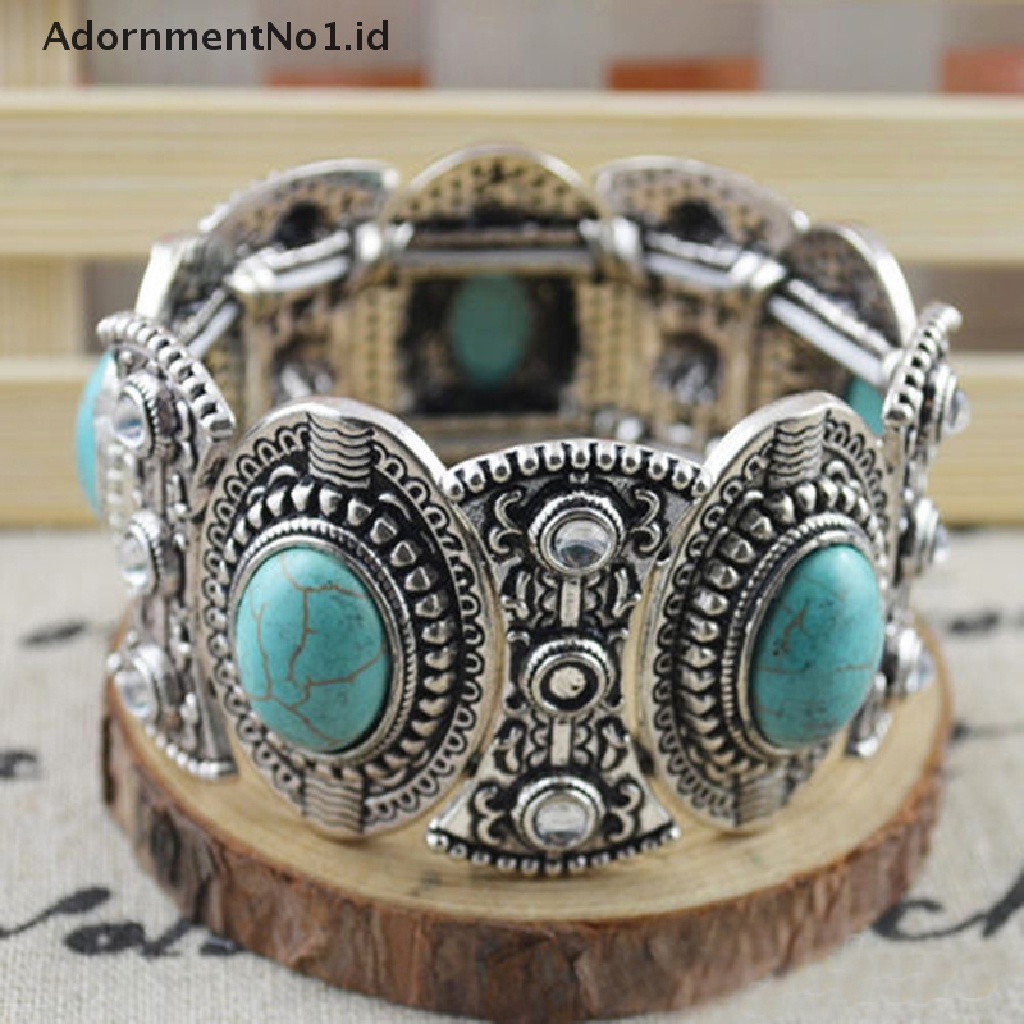 [AdornmentNo1] Stylish Boho Womens Retro Vintage Natural Turquoise Tibet Gelang Perak Cuff [ID]