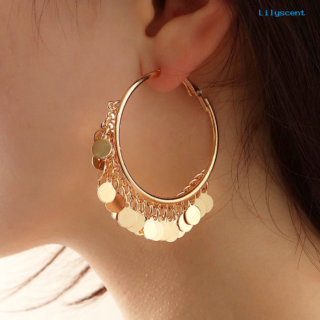 [LS] 1pasang Anting Hoop Paduan Warna Solid Bulat Rumbai Sequin Club Earrings Perhiasan Pesta