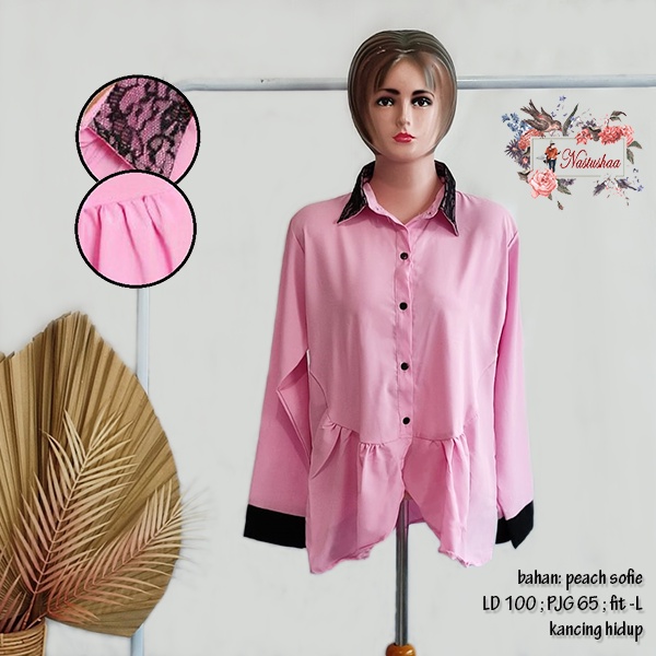 Blouse Atasan Wanita Dewasa Pink Kemeja Kerja Wanita Peach Sofie Kkombinasi Renda Kancing Depan Busui Friendly