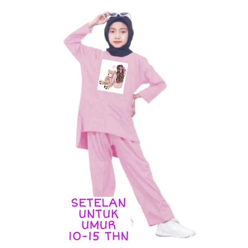 Setelan Anak Perempuan Remaja Bahan Kaos Babyterry Lengan panjang dan Celana panjang Oversixze XXL 10 11 12 13 14 15 Tahun . One Set Anak Perempuan Terbaru 2023 Viral Stelan Remaja Kekinian Setelan Anak Tanggung Boneka Bear