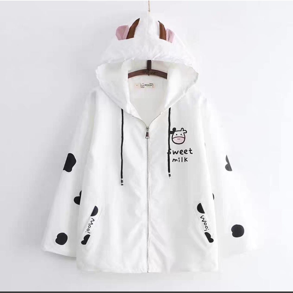 SWEET MILK COW ZIPPER JACKET HOODIE TOPI TELINGA LUCU (PH)