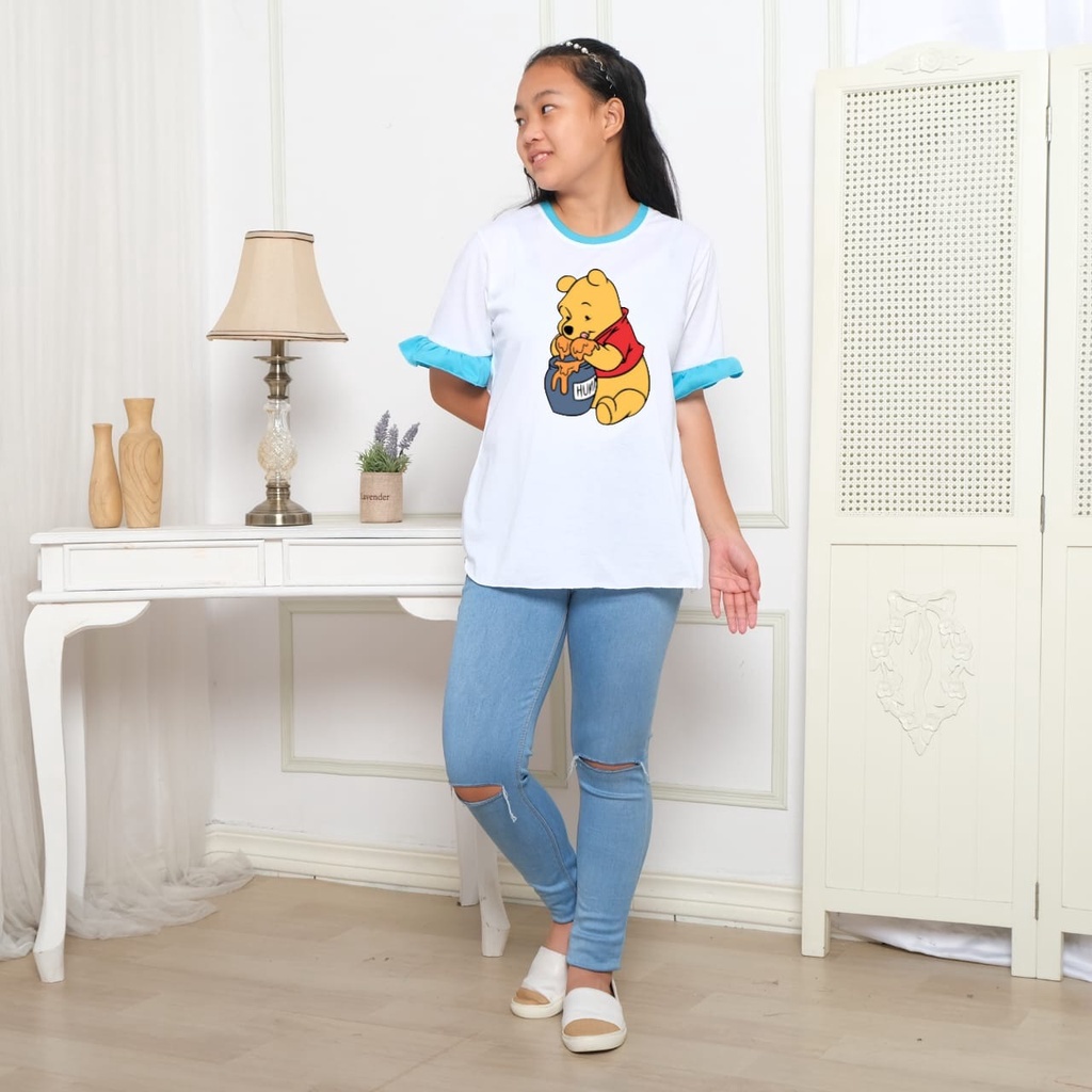 Hzl_outfit Kaos Baju Anak ABG Lengan Kerut Pendek Salma The Pooh Honey/ Atasan Kaos Anak ABG