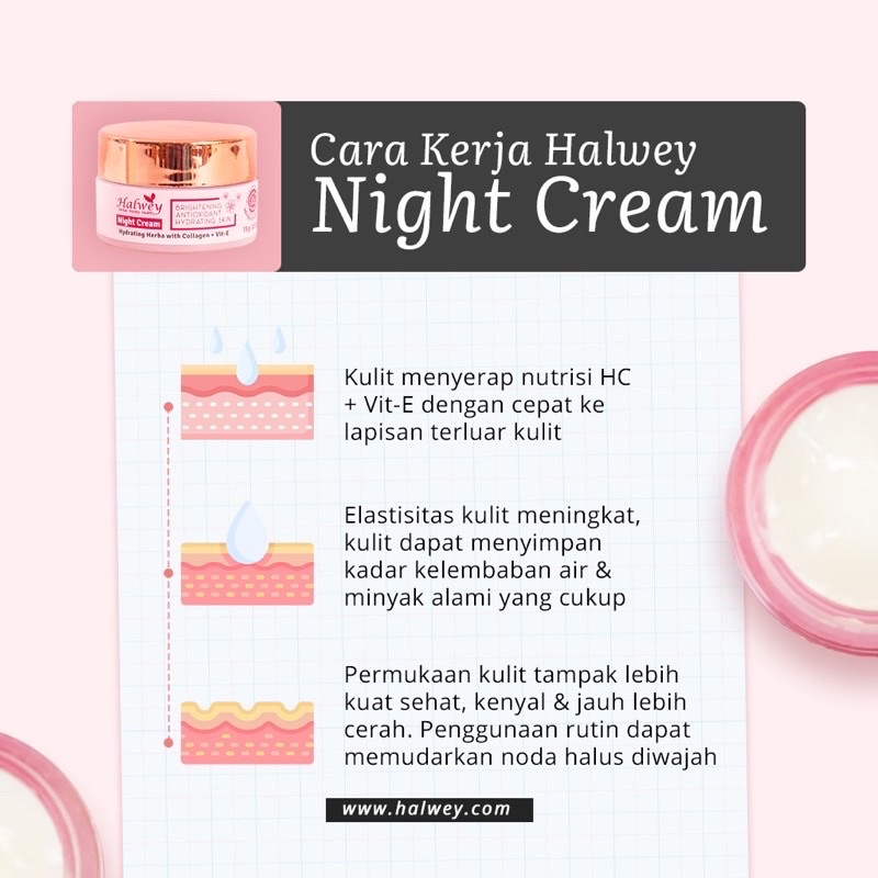 HALWEY SKINCARE  INDONESIA KRIM MALAM | NIGHT CREAM  HYDRATING HERBA WITH COLLAGEN + VIT E , 15 g OFFICIAL SHOP ORIGINALr