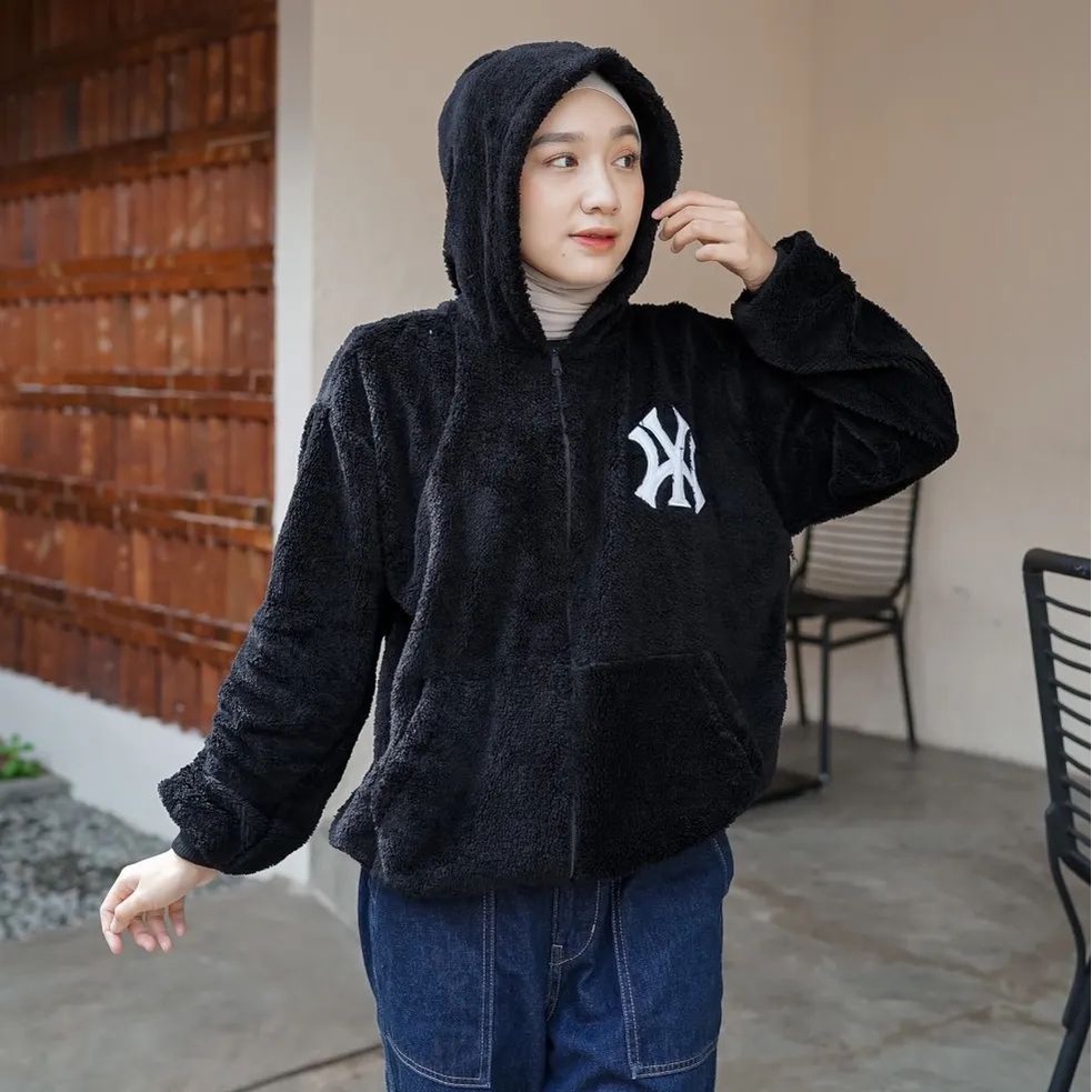 WY Sherpa Zipper Crop Hoodie Wanita Polos Kasual Style