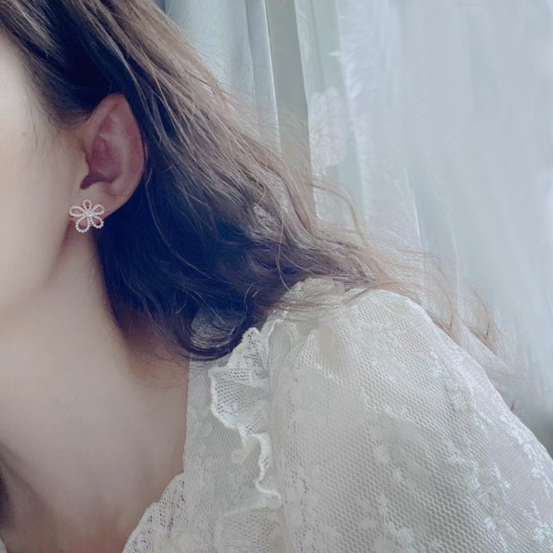 S925 Perak Disepuh Mutiara Zirkon Bunga Anting Ear Studs Untuk Wanita Gadis Fashion Perhiasan