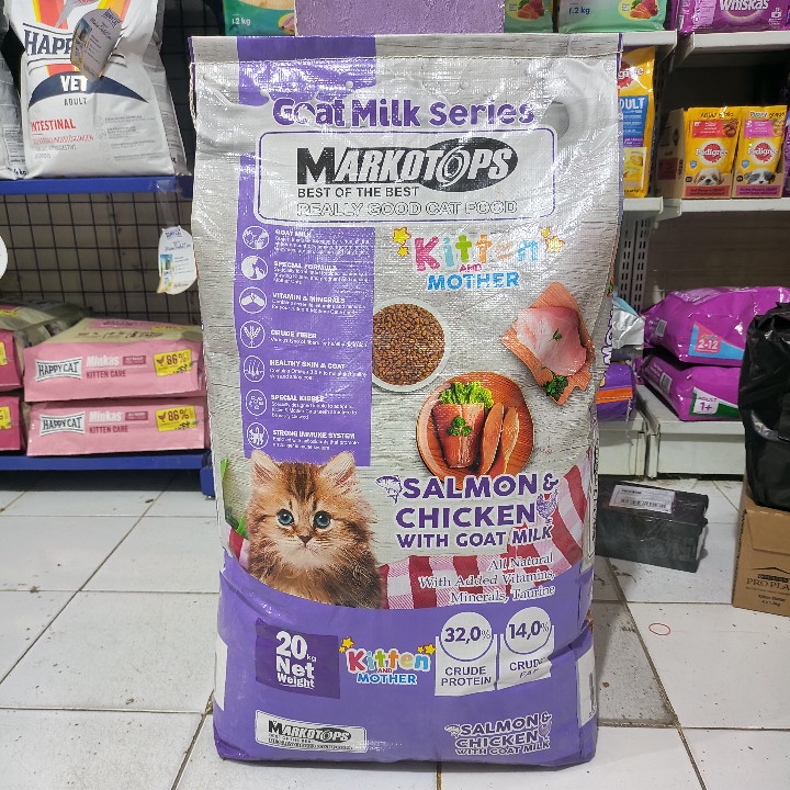 EXPEDISI Makanan Kucing Markotops Kitten &amp; Mother Salmon Chicken With Goat Milk Kemasan 20KG