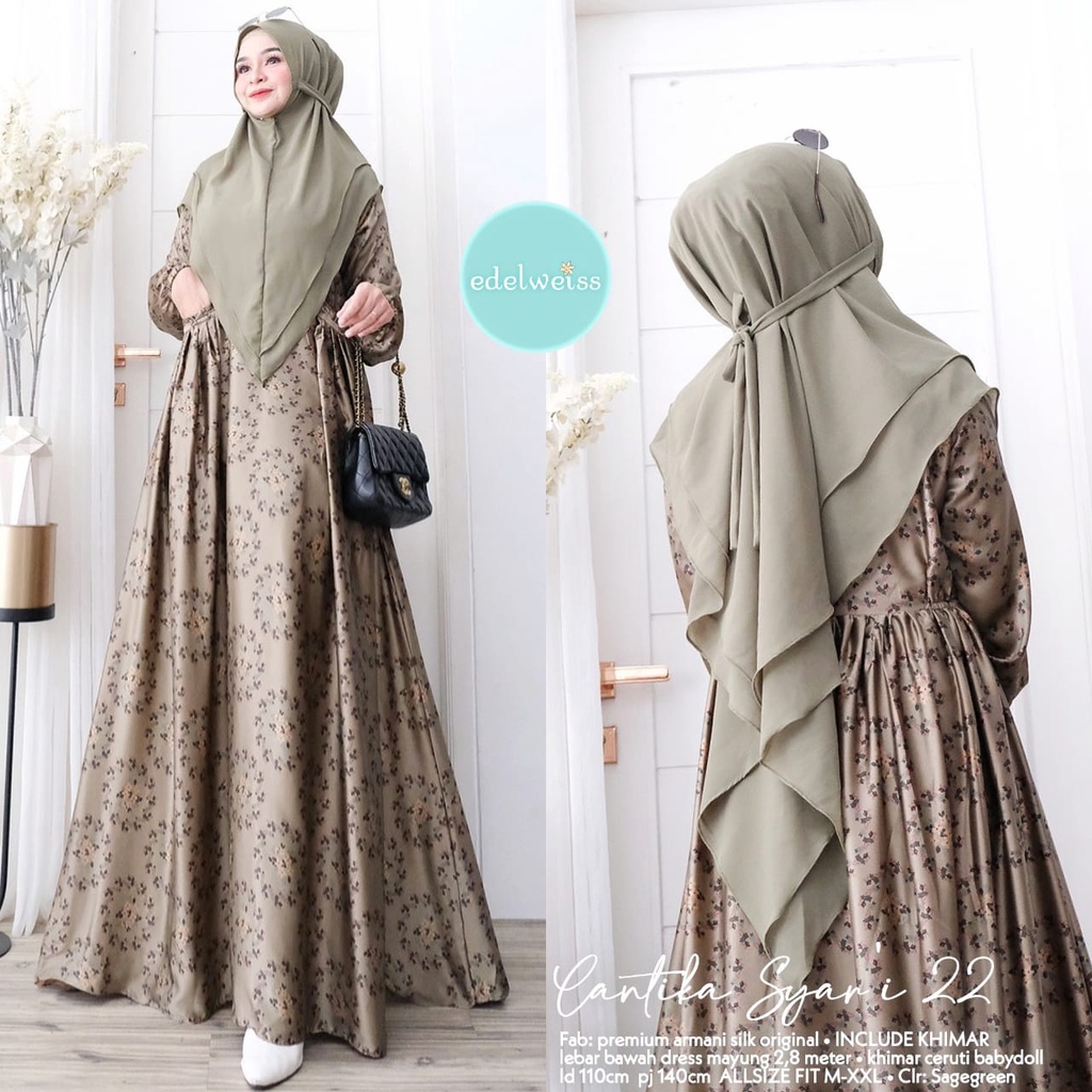Cantika Syar'i #22 by Edelweiss Ld 110 Setelan Gamis Premium Armani Silk Include Khimar Bergo Ceruty