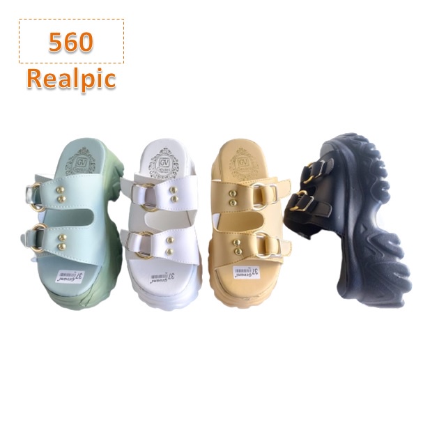 Sandal Wanita Selop Kokop Double Gesper Hitam Hijau Putih Tan (560)