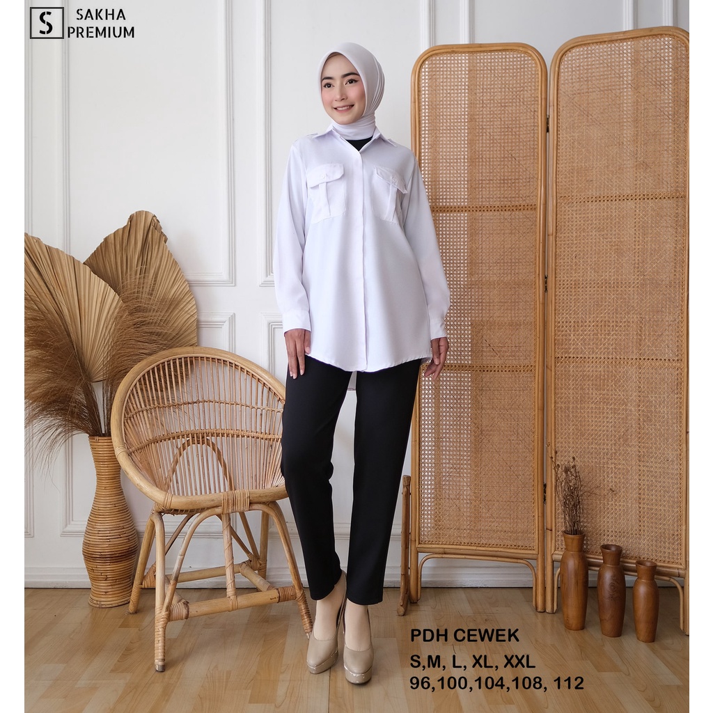 Sakhapremium.id - PDH CW Kemeja Baju Putih Polos Wanita Kerja Kantoran PNS Guru PPL Jumbo Terlaris A