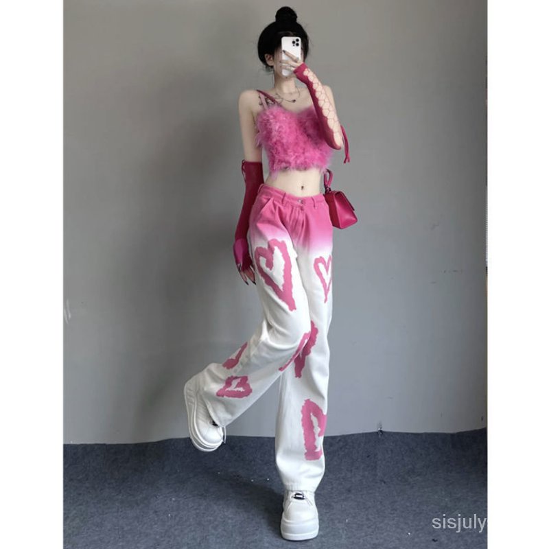 #Sisjuly# Wanita Pink Gradien Cinta Gradient Love Print Wide Leg Jeans High Waist Straight Leg Loose