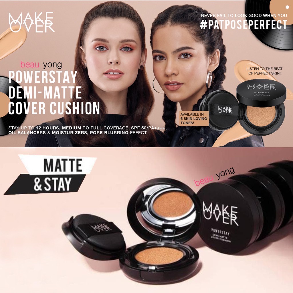 MAKE OVER Powerstay Demi-Matte Cover Cushion Indonesia / Cushion 15g / 24H Oil Control Longwear Demi Matte No Cakey Cover / Normal To Oily Skin / Ivory Natural Beige Sand Tan / Makeup Cosmetic Face Make Up Kosmetik Wajah Muka  / Makeover Hydra Stay Series