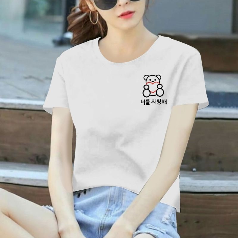 kaos distro wanita lengan pendek logo bordir (love bear)