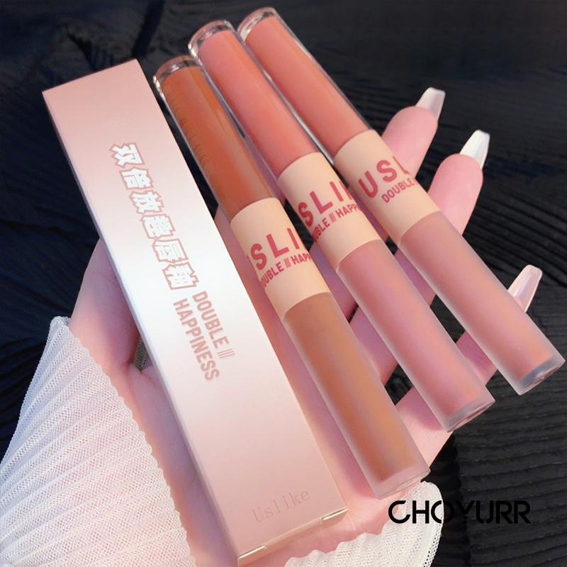 【COD】2 in1 Lipstik Dua Ujung Lip Glasir Cermin Matte Lip Mud Lipstick Lip Cream Lip Gloss Dua Sisi Matte Lipstick Glossy Lipstik-CH