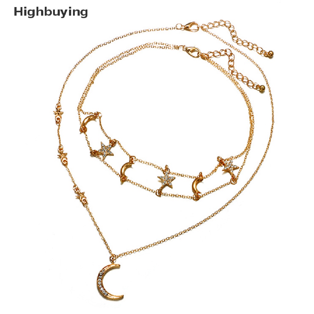 Hbid Boho Multilayer Emas Bulan Bintang Liontin Kalung Rantai Wanita Choker Perhiasan Hadiah Glory