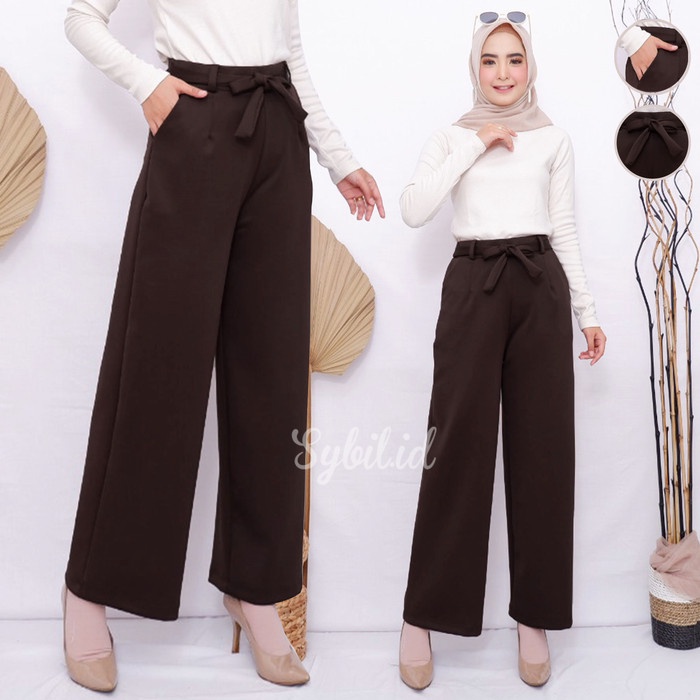 sybil.id Celana Kulot wanita scuba premium denga tali Coklat tua