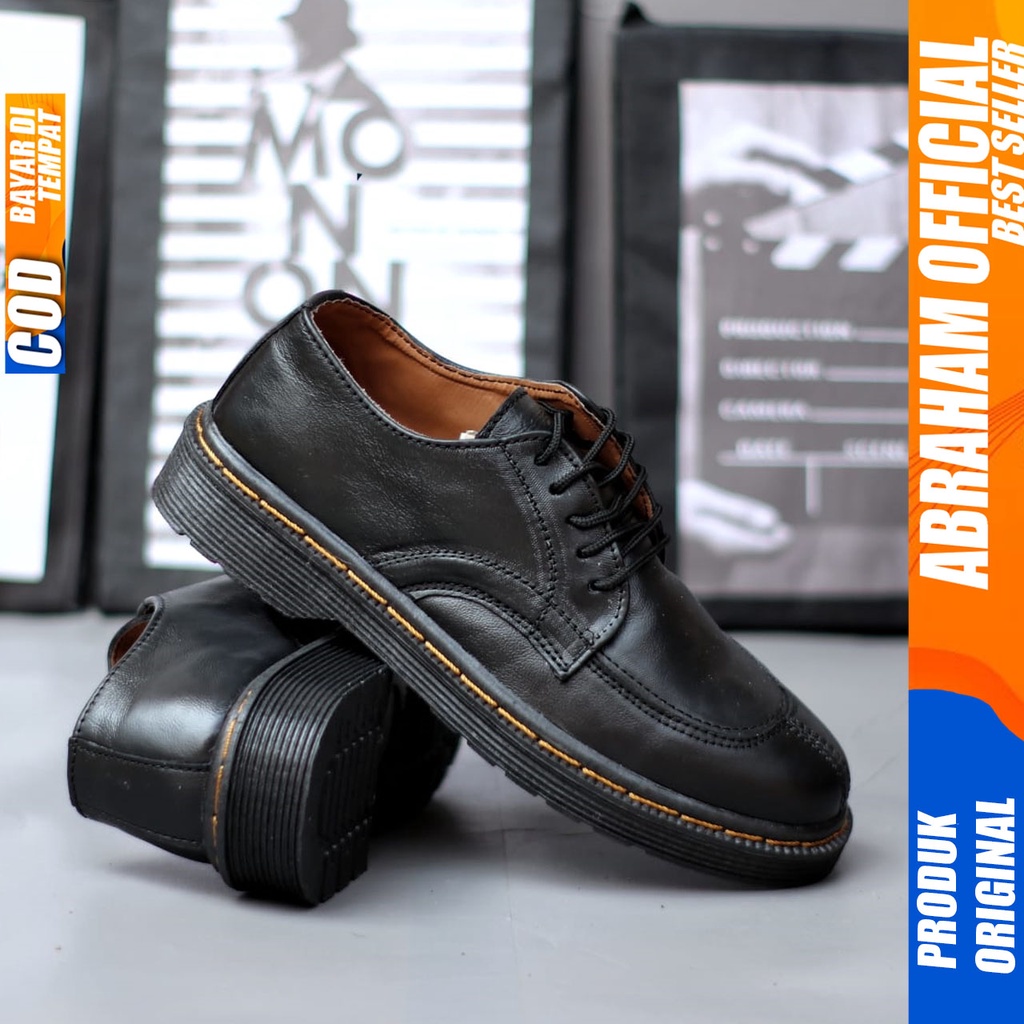 Sepatu Formal Pantofel Docmart Kulit Asli  Pria Kerja Kantor Hitam Abraham FAUNA