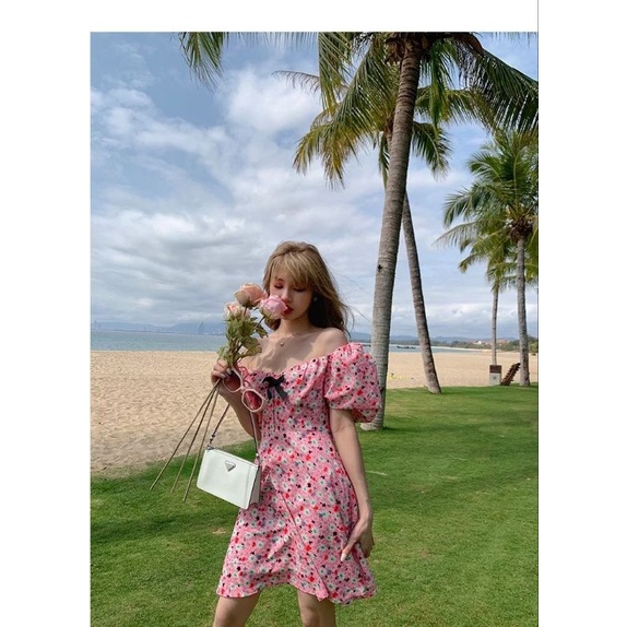 [MikanHiro Store] Dress Korea Flower Pink Summer Sabrina Square Neck