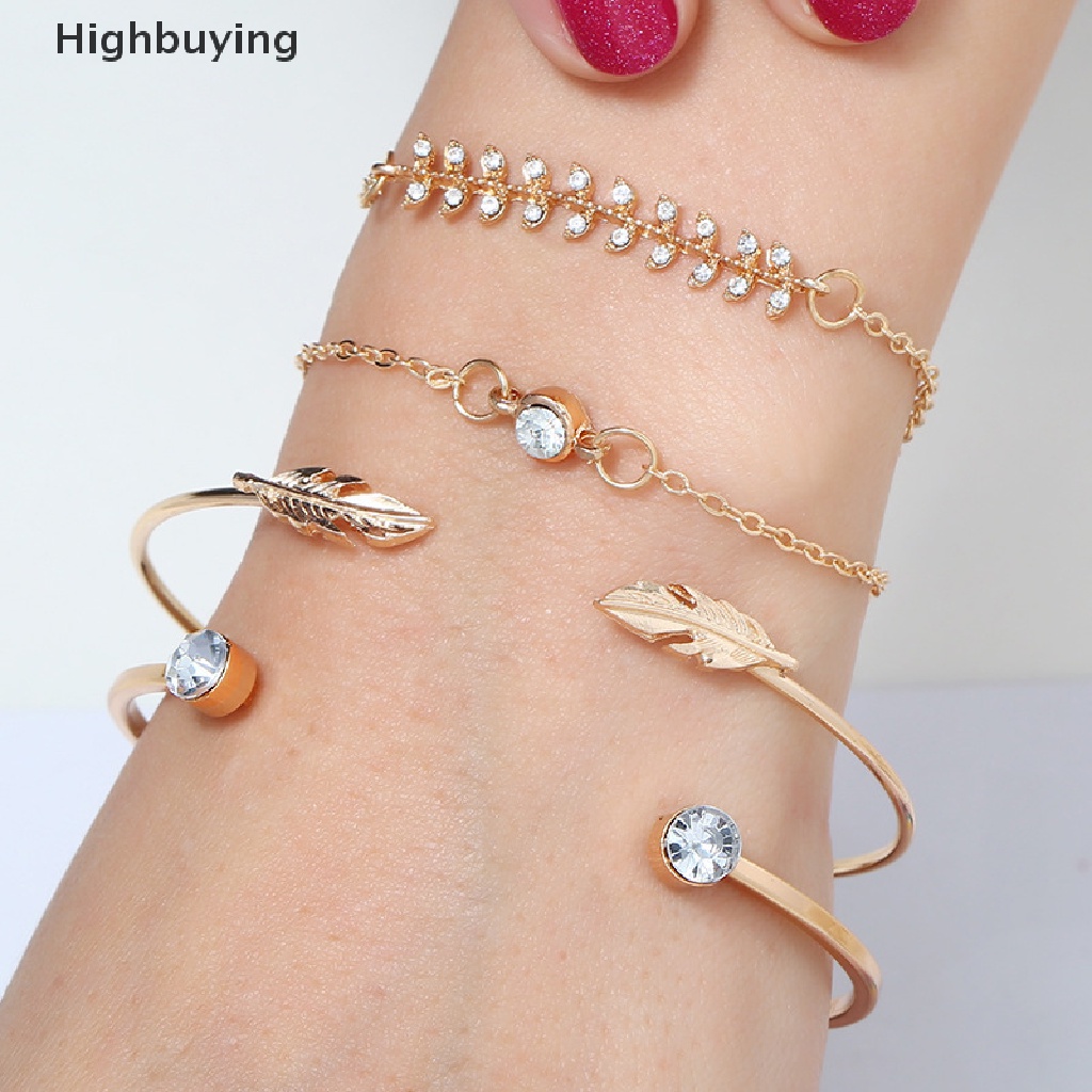 Hbid 4Pcs/set Fashion Wanita Geometris Kristal Daun Gelang Adjustable Bangle Perhiasan Glory