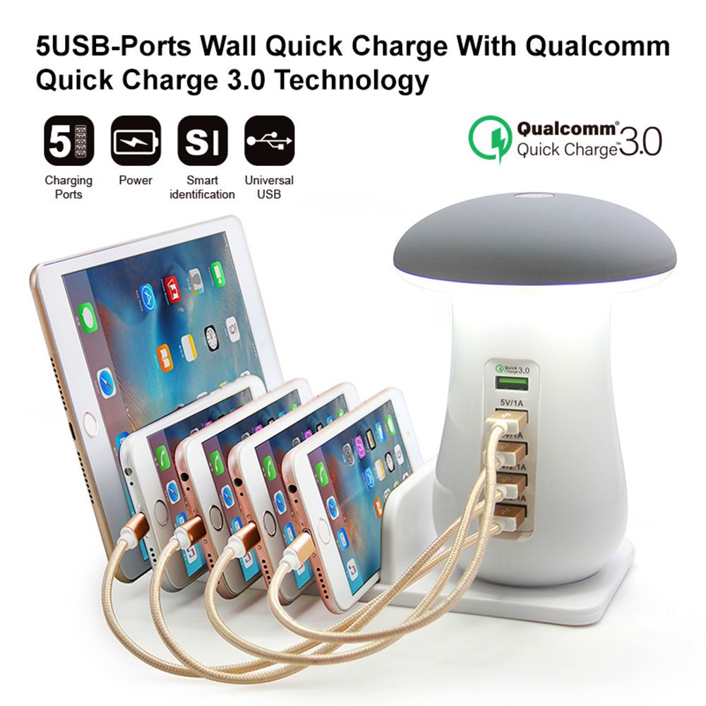 Colokan Multifungsi Pengisian Cepat Lampu LED 5port USB Charger QC 3.0 Fast Charge 5usb-Port Dinding Charge Cepat Dengan Teknologi Quick Charge Qualcomm 3.0